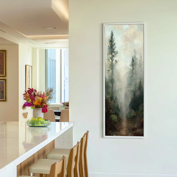 This vertical, oil painting print on a white wall features a foggy forest scene with tall pine trees and a winding path in an impressionistic style. The artwork is framed.
