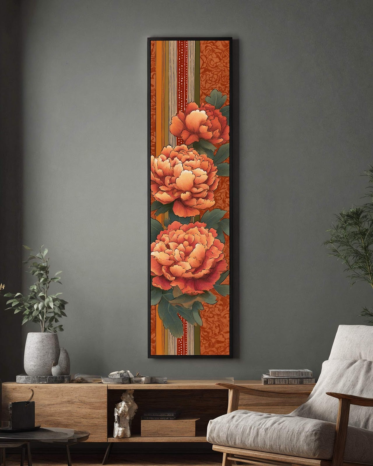 Vertical canvas wall art in interior setting.