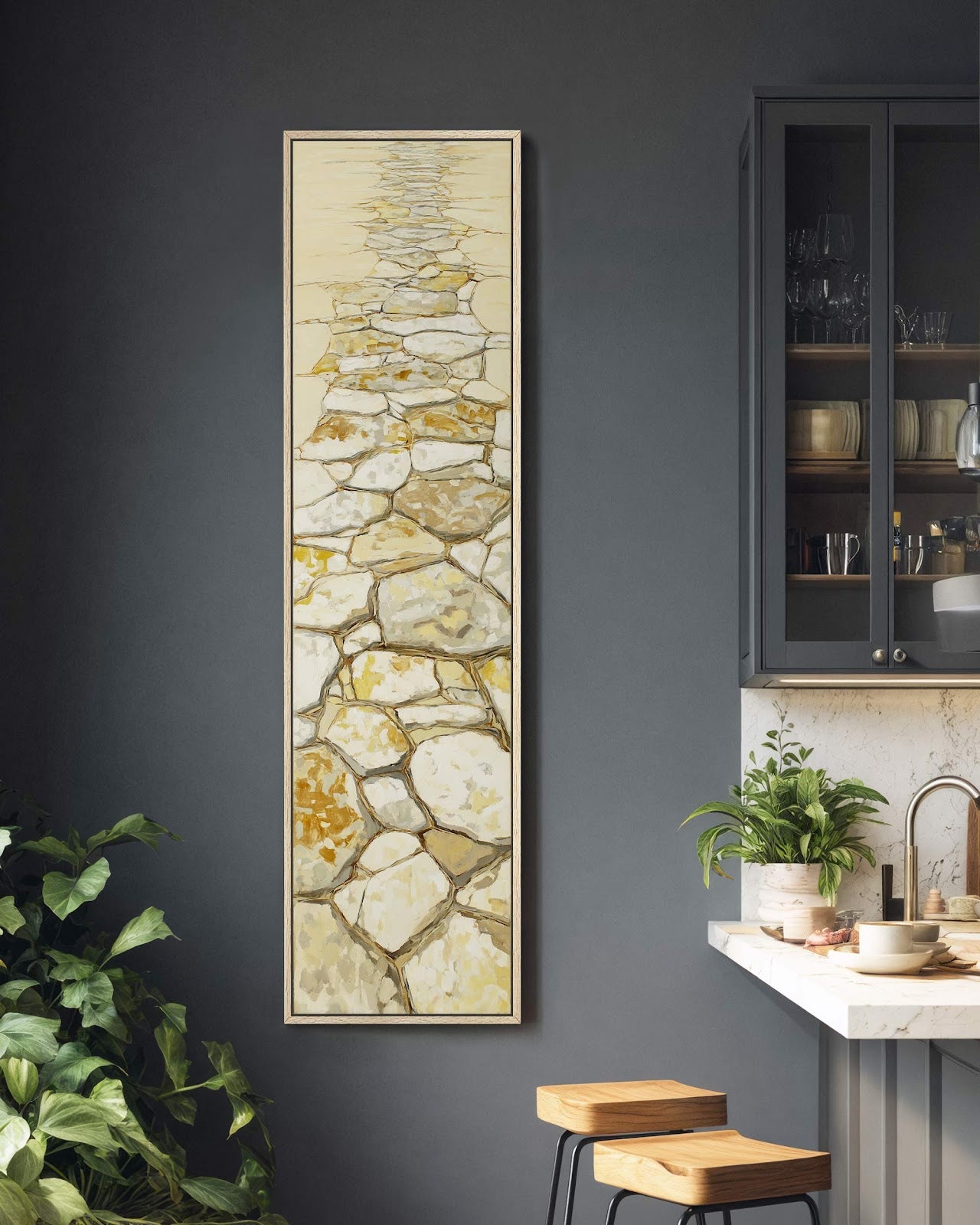 Vertical canvas wall art in interior setting.