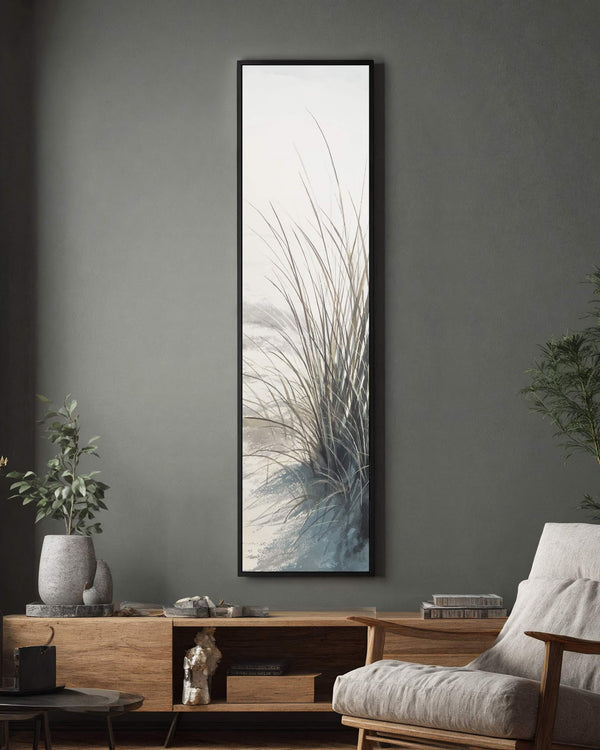 Vertical canvas wall art in interior setting.