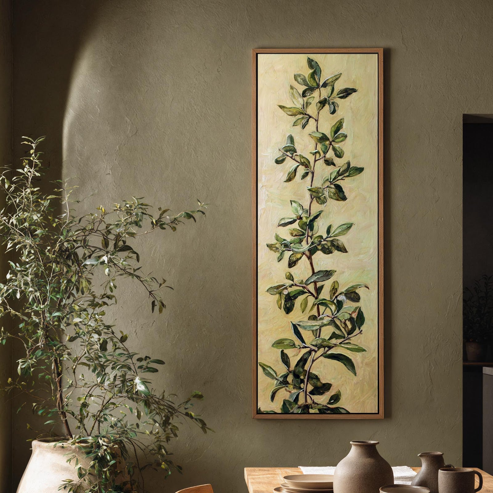 Vertical canvas wall art in interior setting.