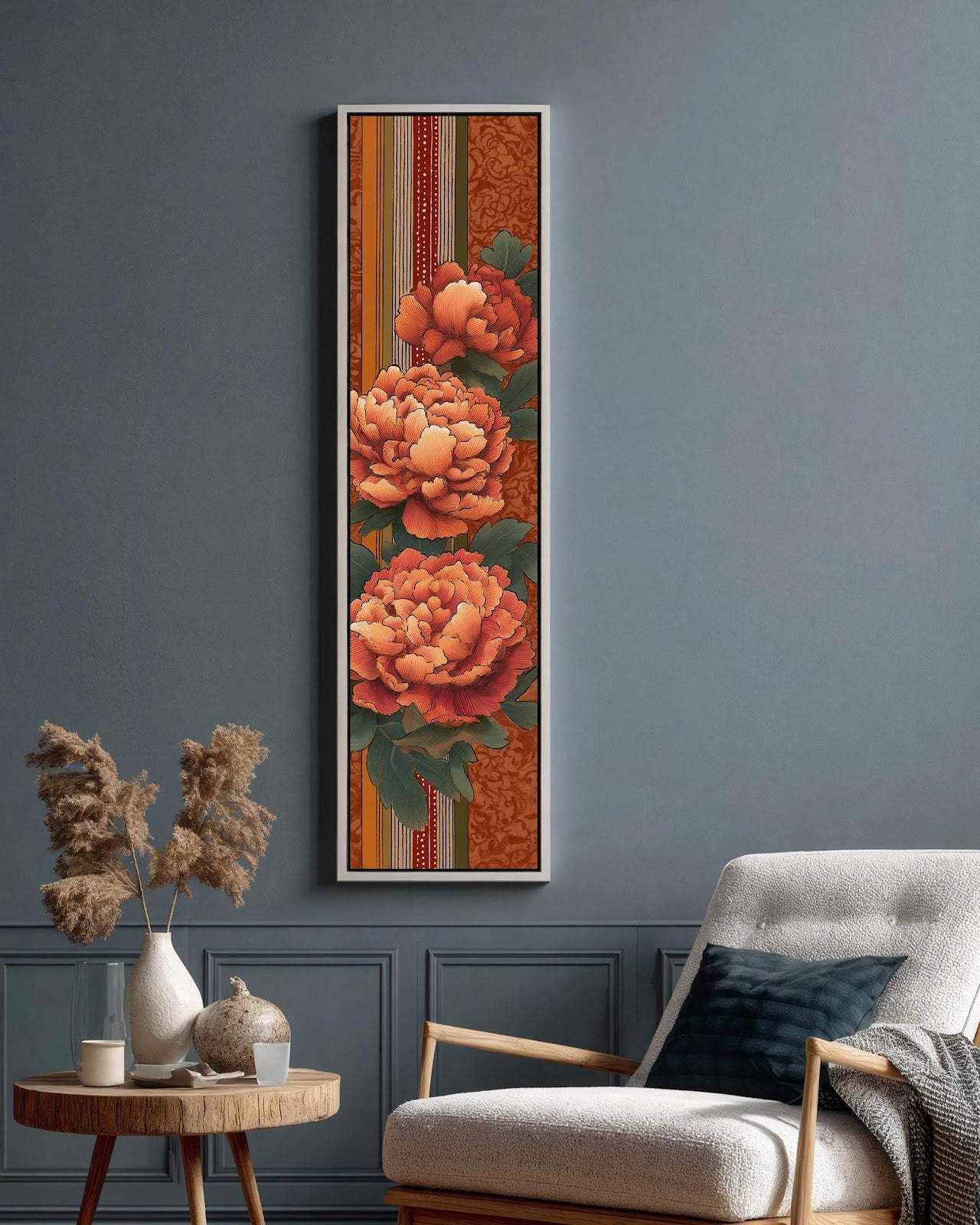 Vertical canvas wall art in interior setting.