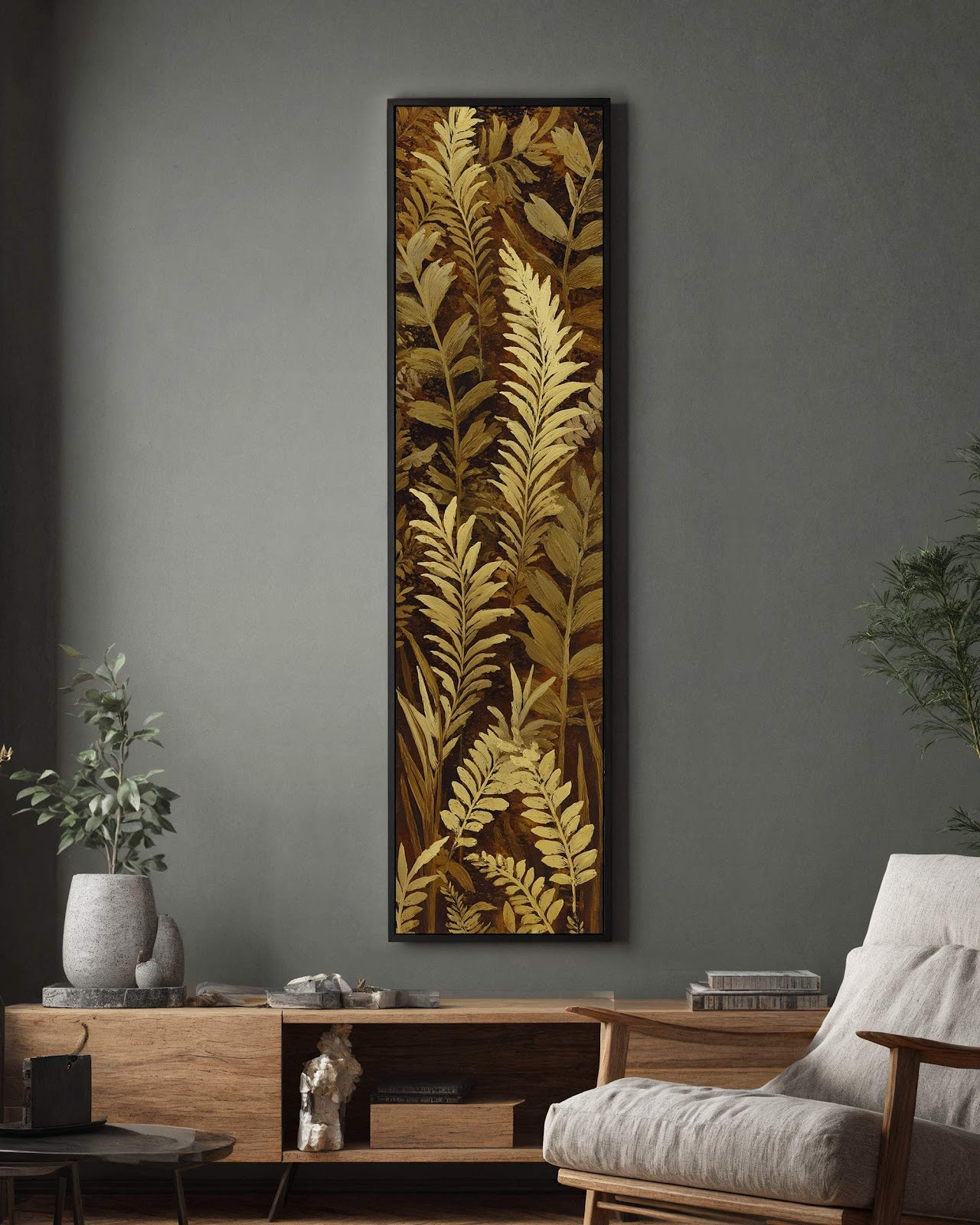 Vertical canvas wall art in interior setting.