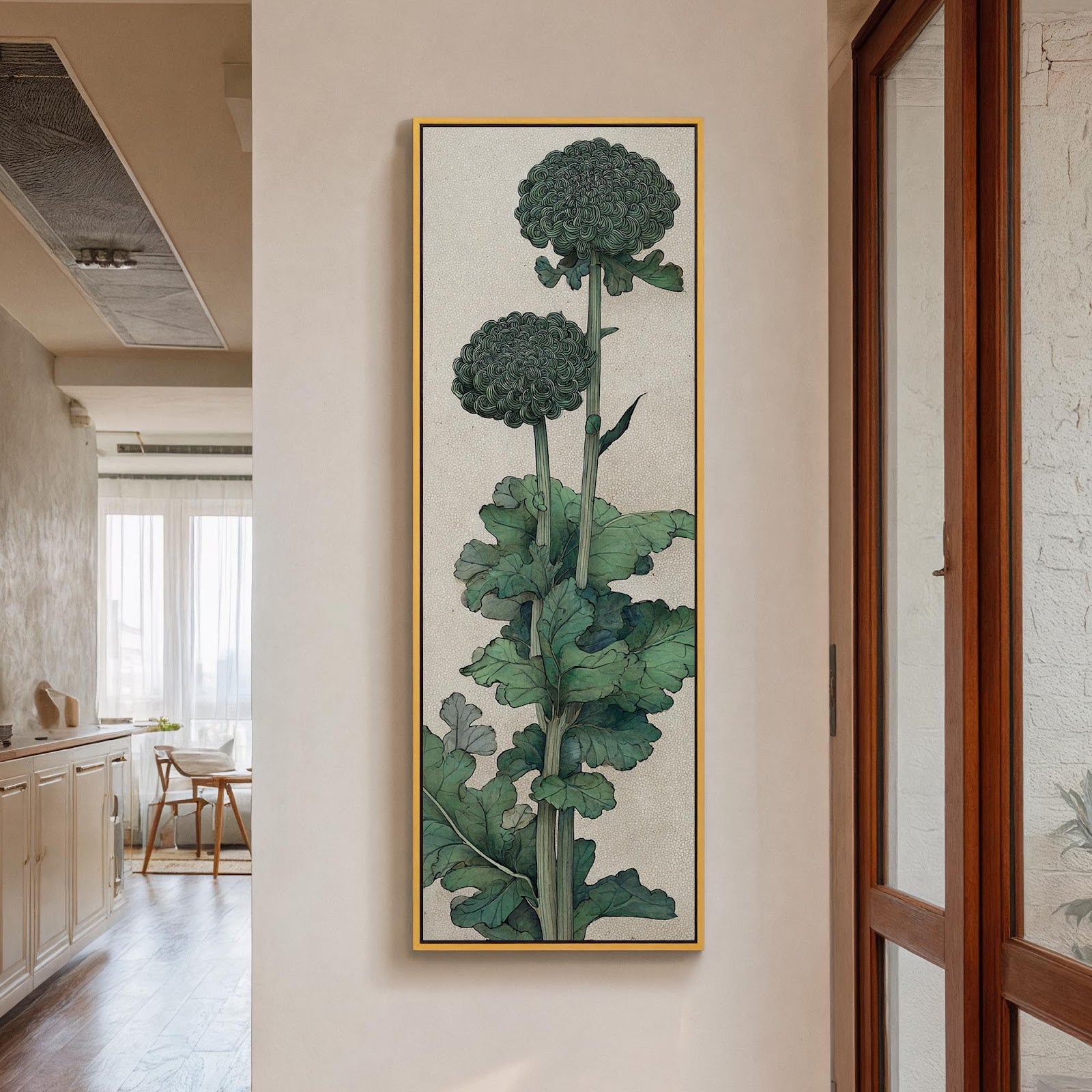 Vertical canvas wall art in interior setting.