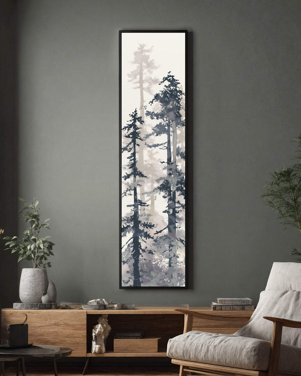 Vertical canvas wall art in interior setting.
