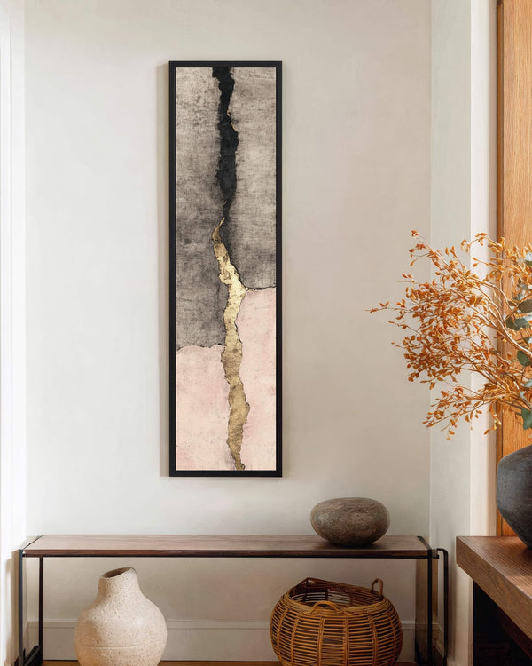 Vertical canvas wall art in interior setting.