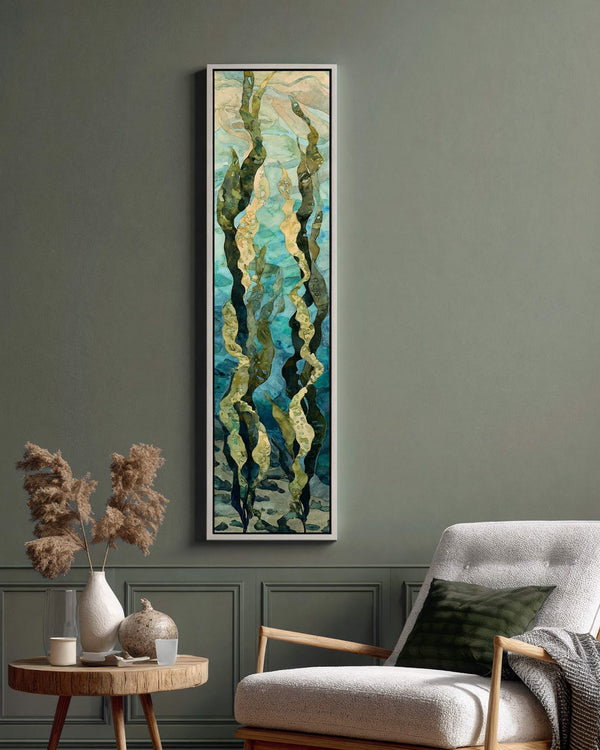 Vertical canvas wall art in interior setting.