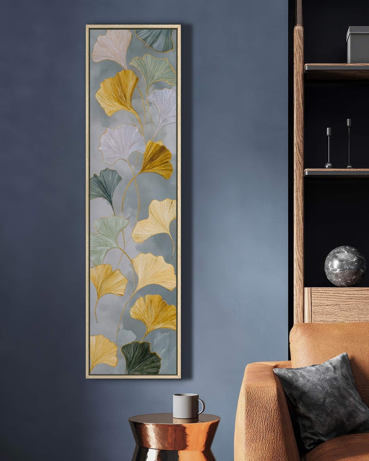 Vertical canvas wall art in interior setting.