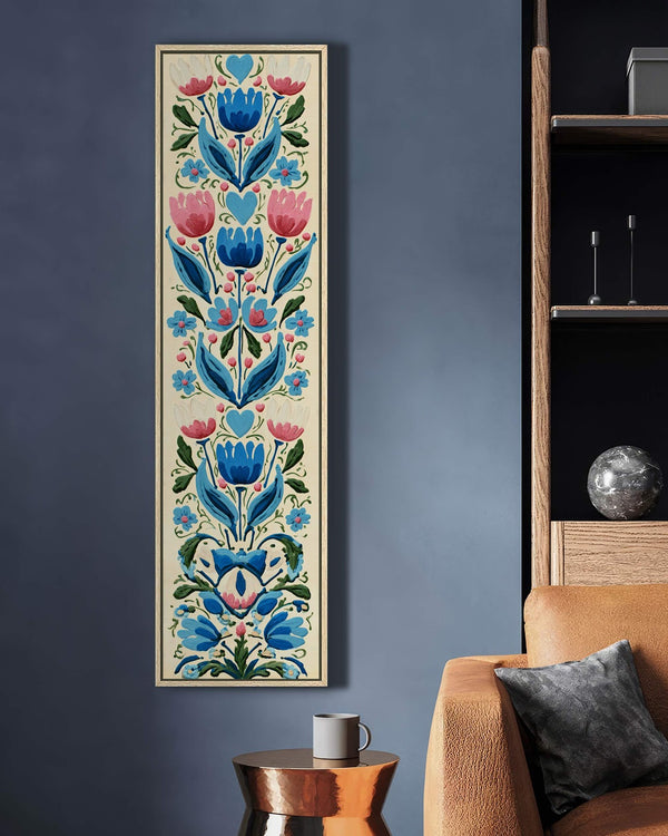 Vertical canvas wall art in interior setting.