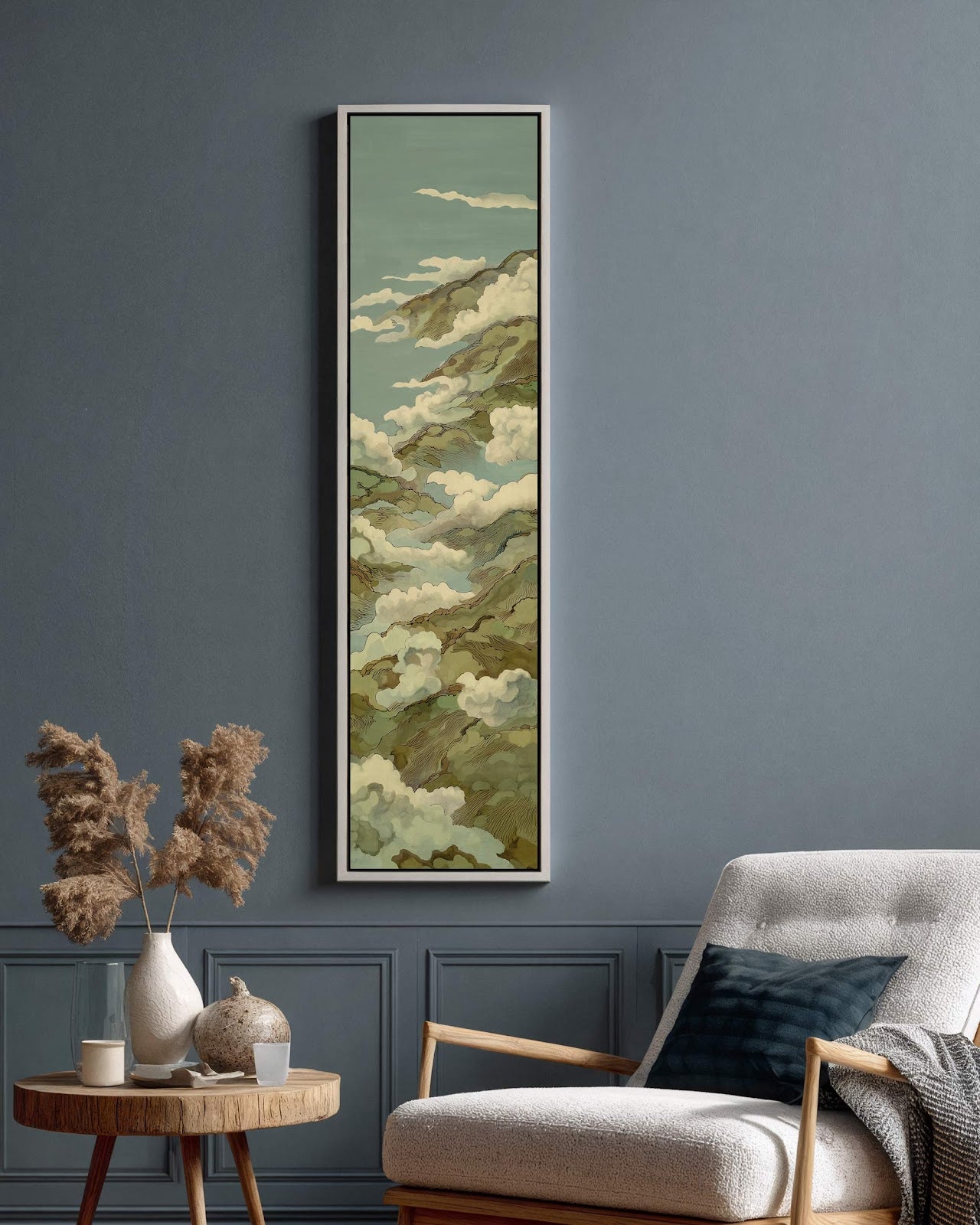 Vertical canvas wall art in interior setting.