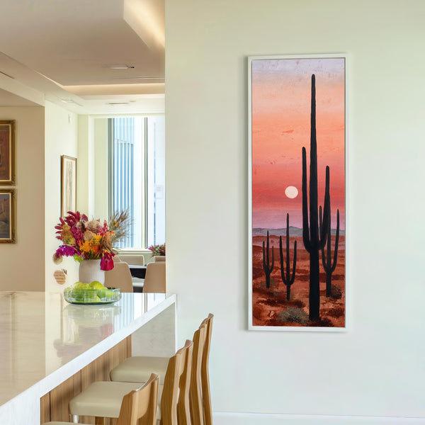 Vertical canvas wall art in interior setting.