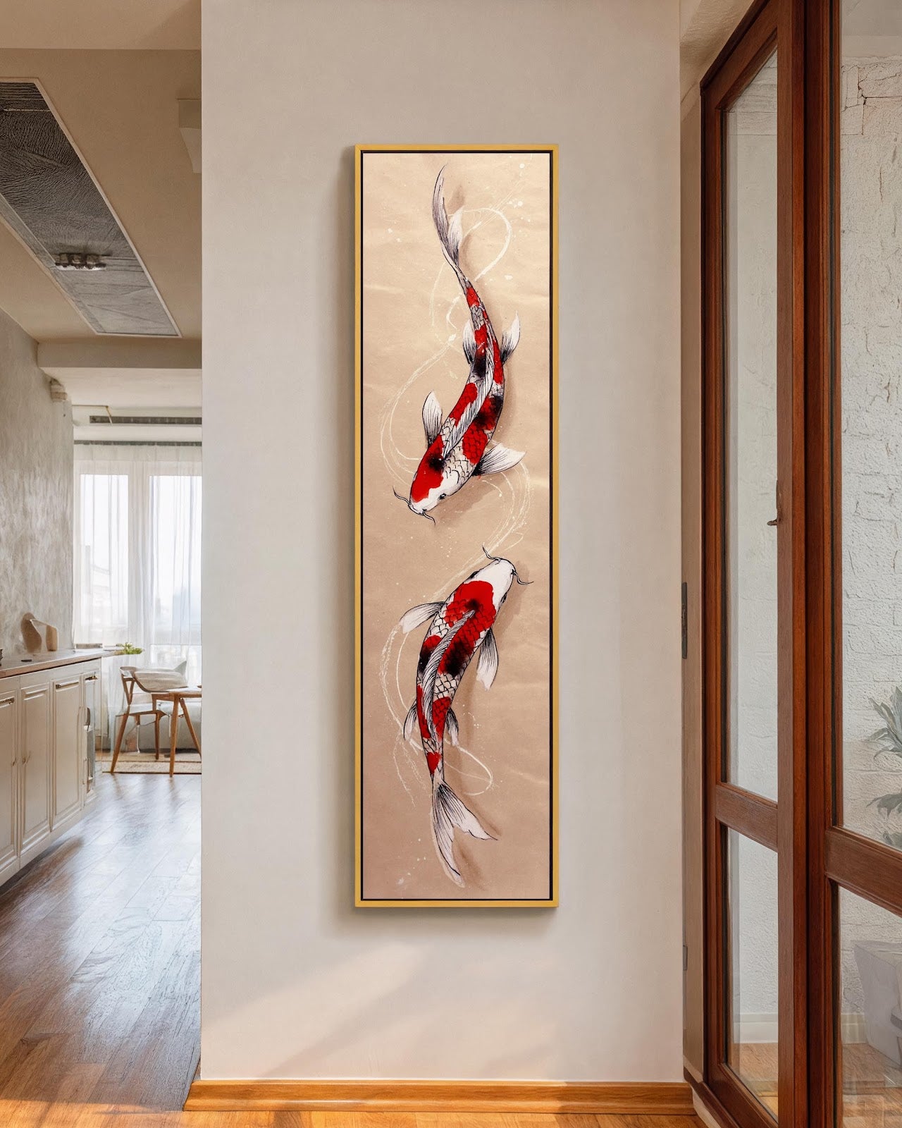 Vertical canvas wall art in interior setting.