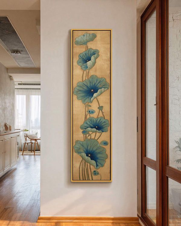Vertical canvas wall art in interior setting.