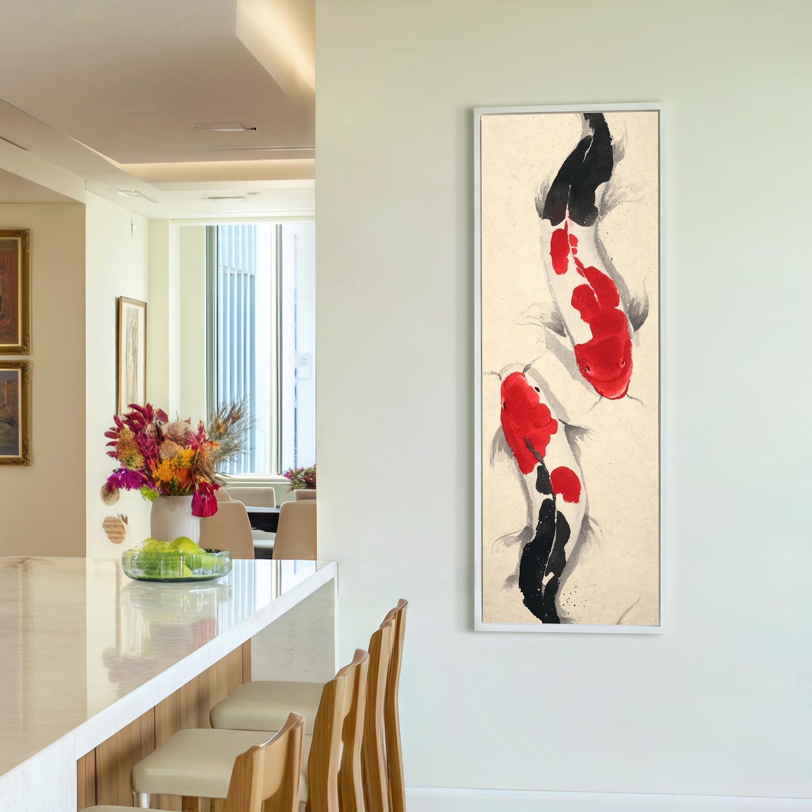 Vertical canvas wall art in interior setting.