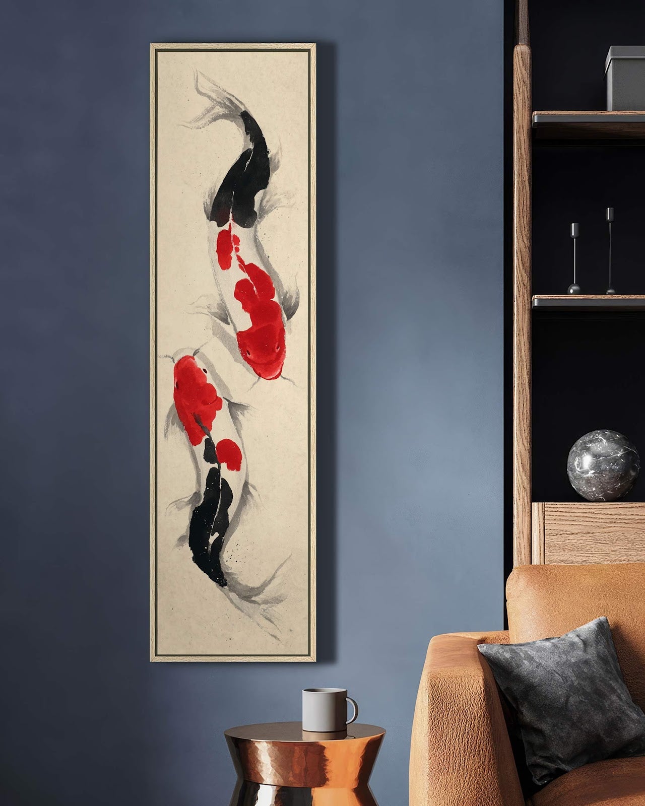 Vertical canvas wall art in interior setting.