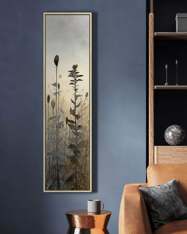 Vertical canvas wall art in interior setting.