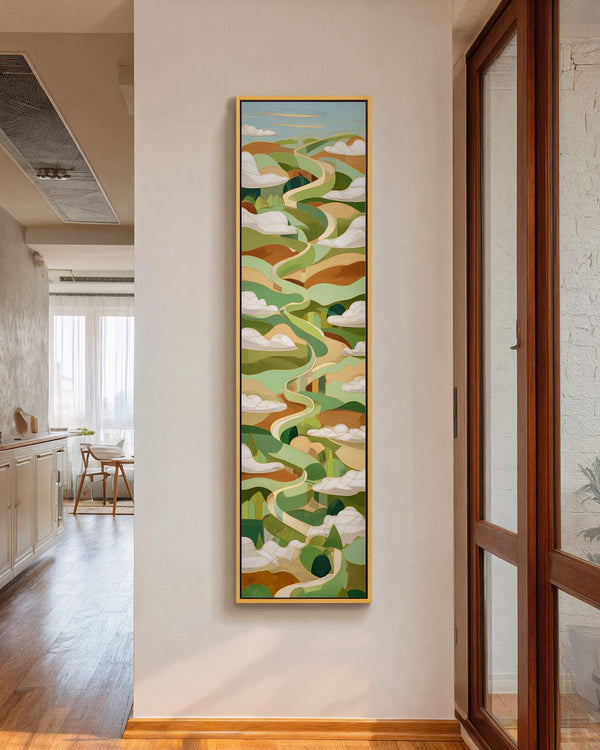Vertical canvas wall art in interior setting.