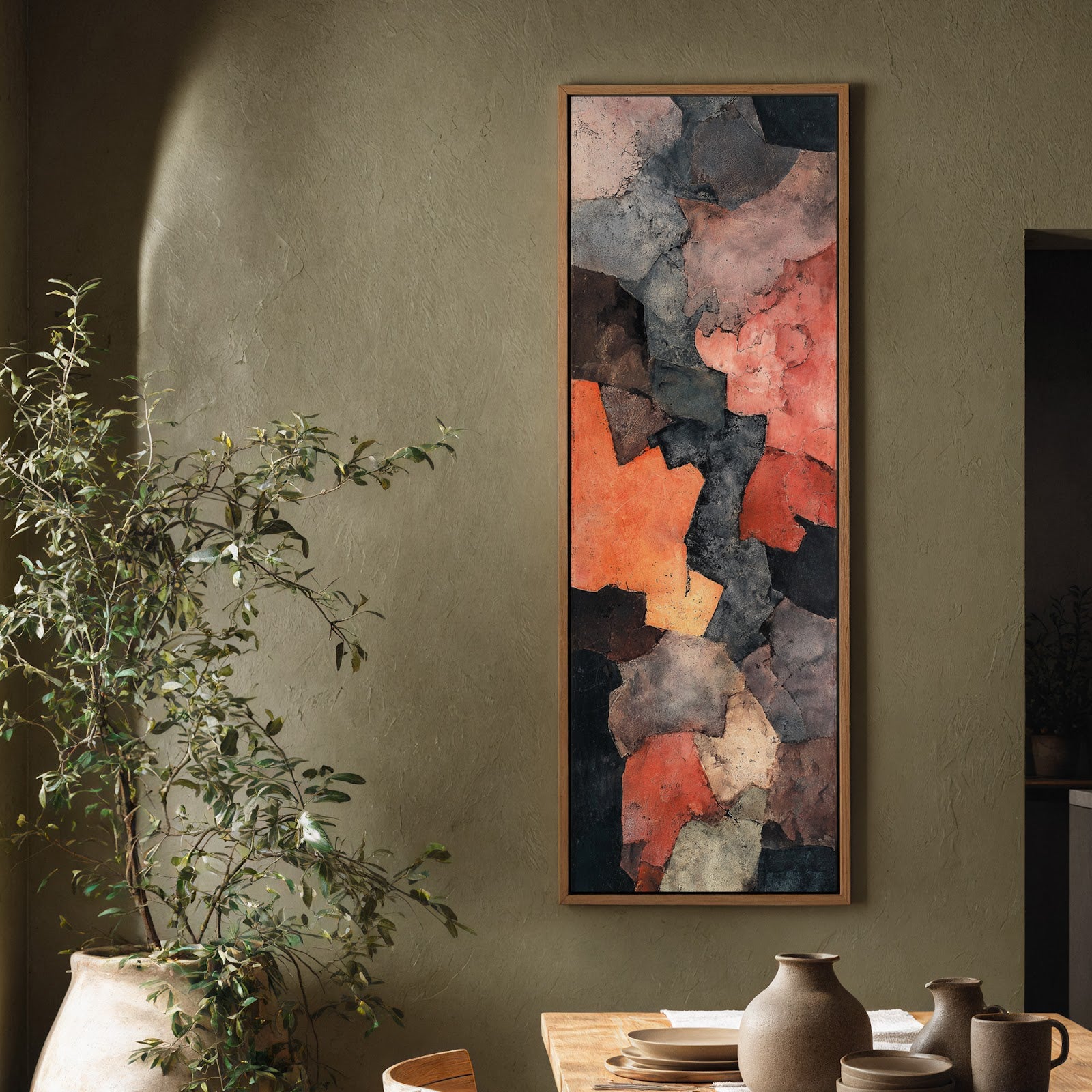 Vertical canvas wall art in interior setting.
