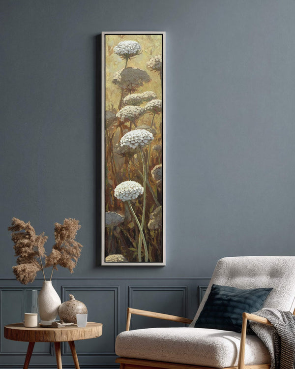 Vertical canvas wall art in interior setting.