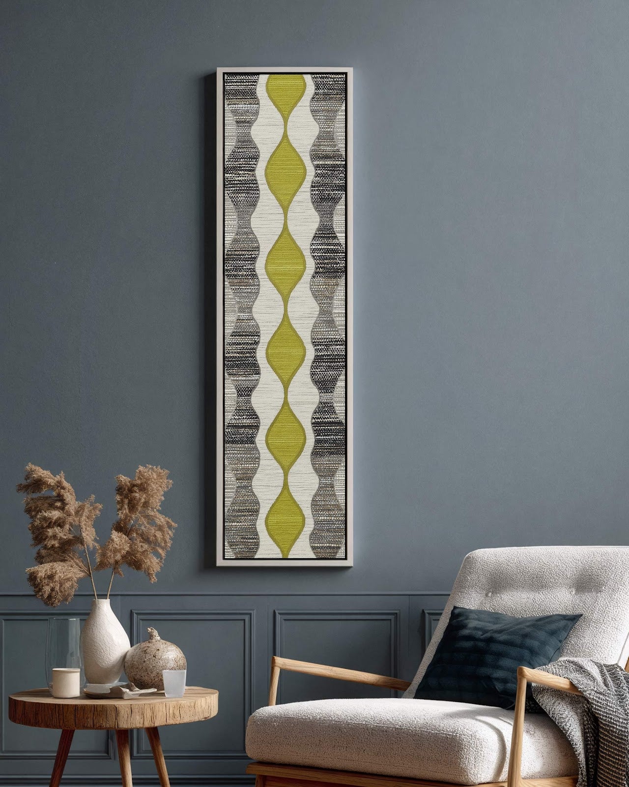 Vertical canvas wall art in interior setting.