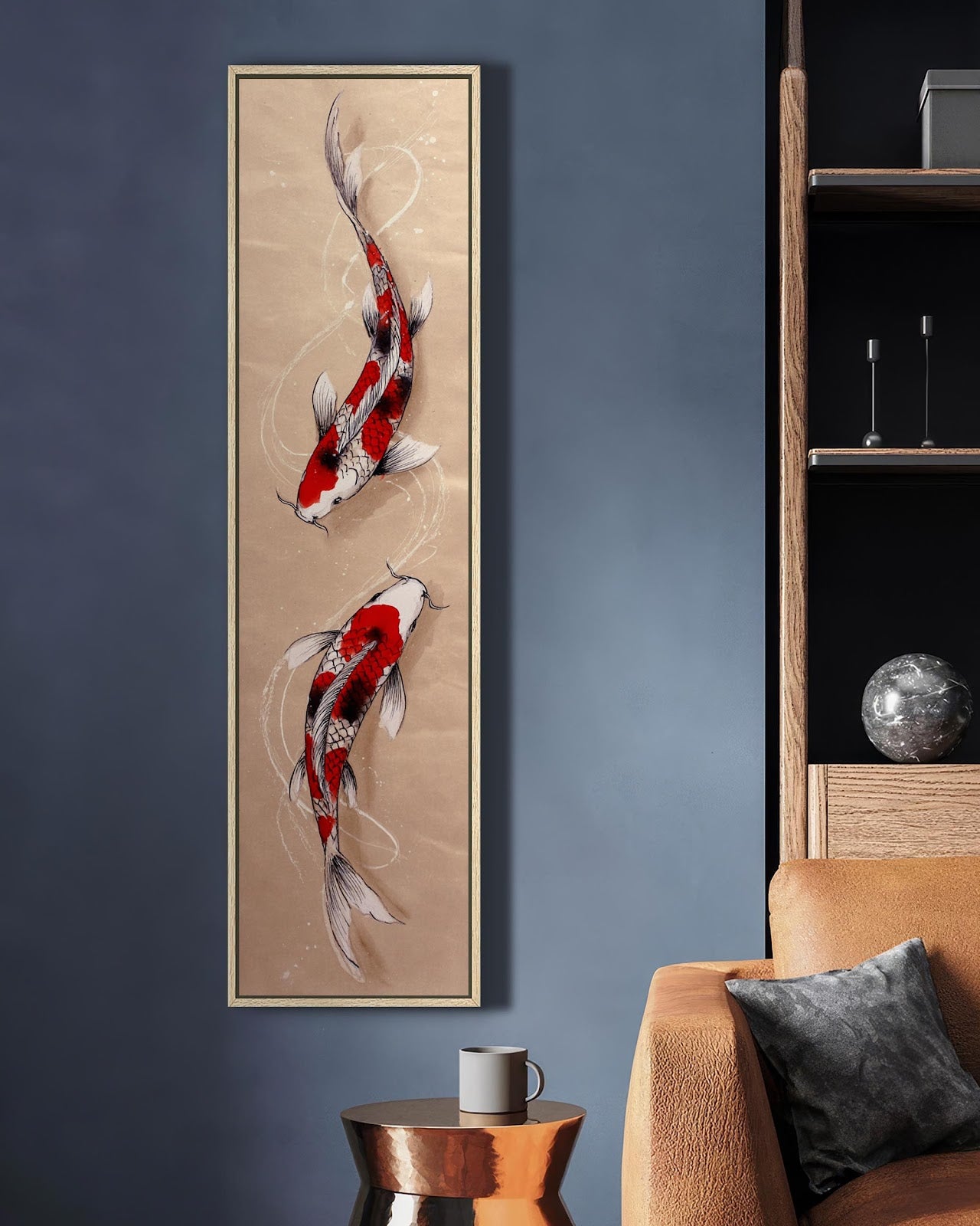 Vertical canvas wall art in interior setting.
