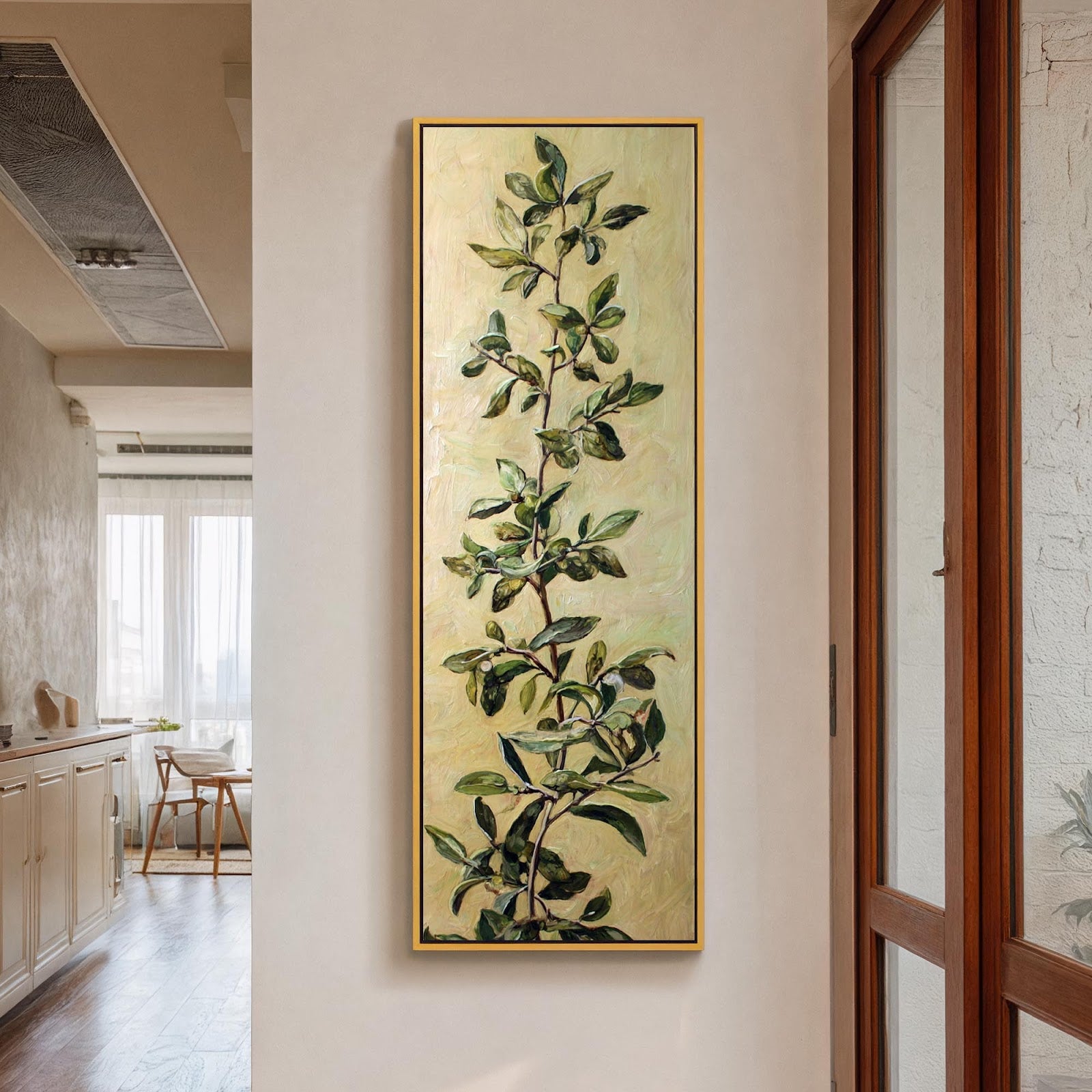 Vertical canvas wall art in interior setting.