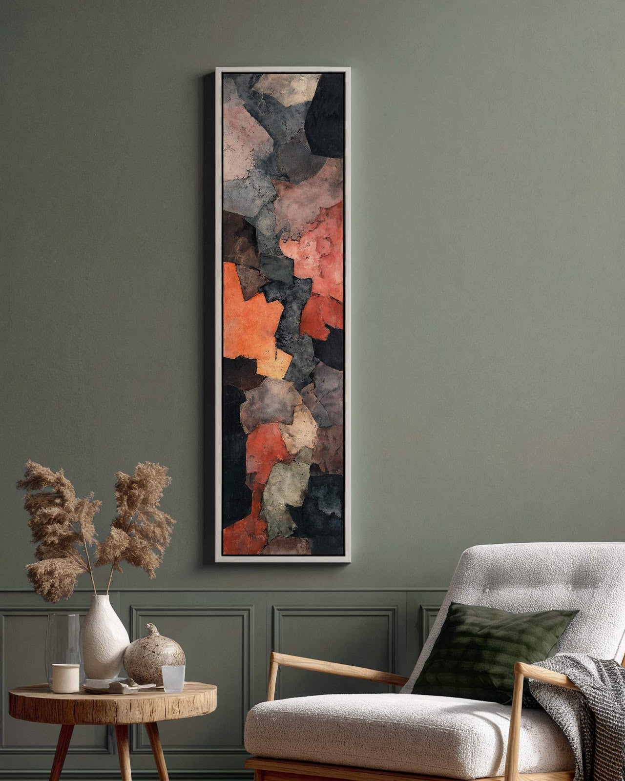 Vertical canvas wall art in interior setting.