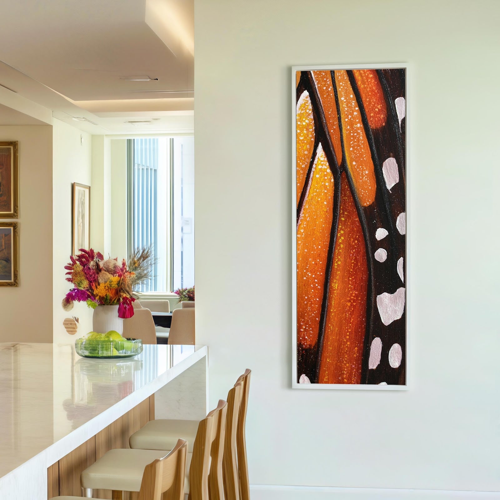 Vertical canvas wall art in interior setting.