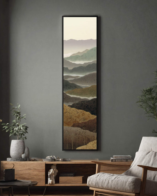 Vertical canvas wall art in interior setting.