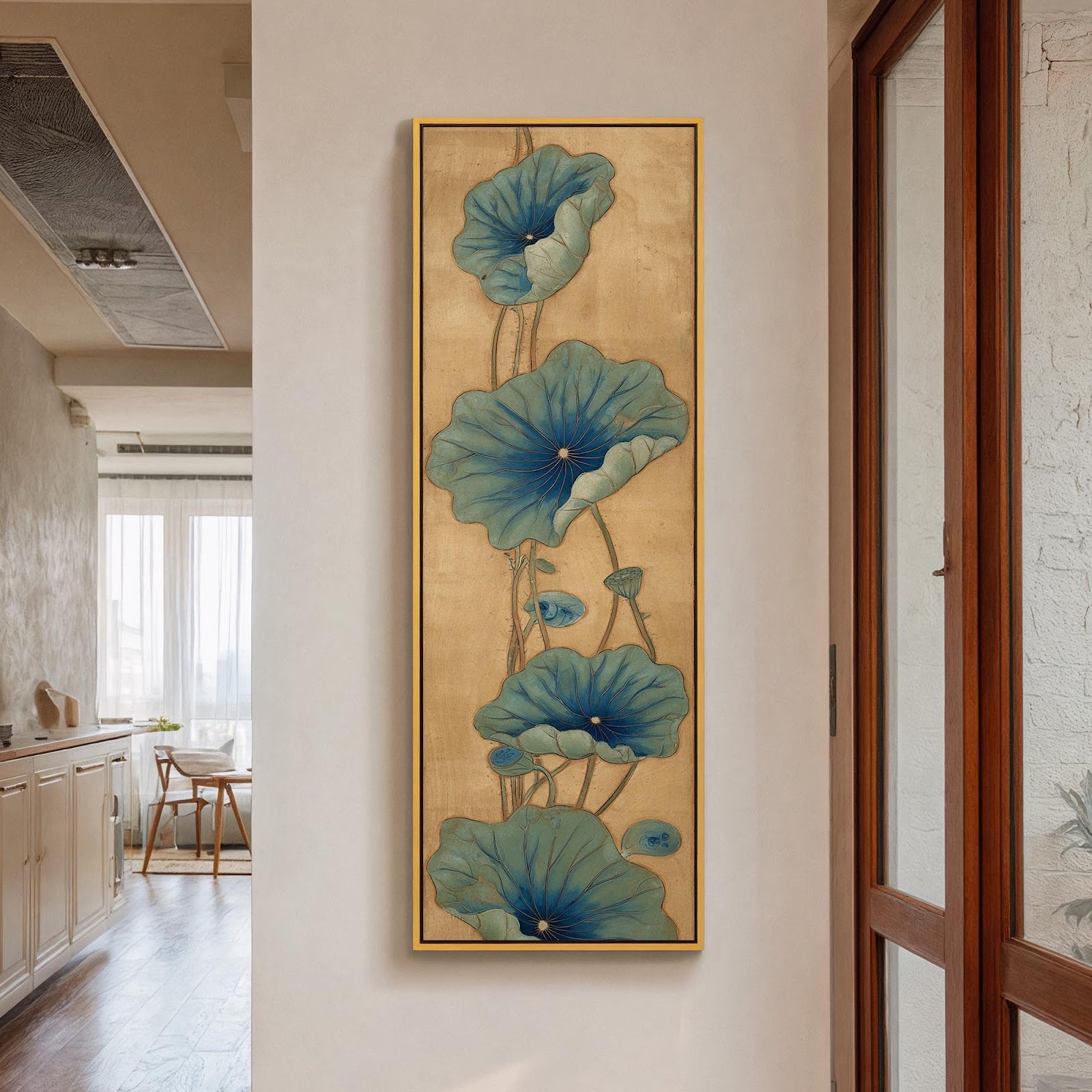 Vertical canvas wall art in interior setting.