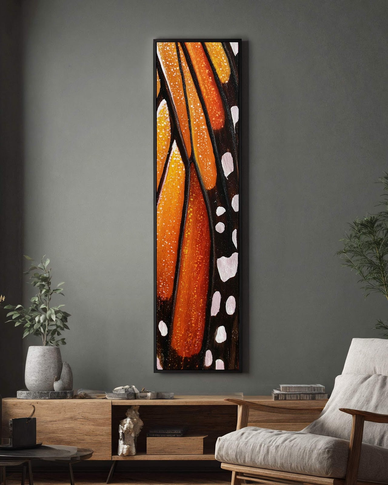 Vertical canvas wall art in interior setting.