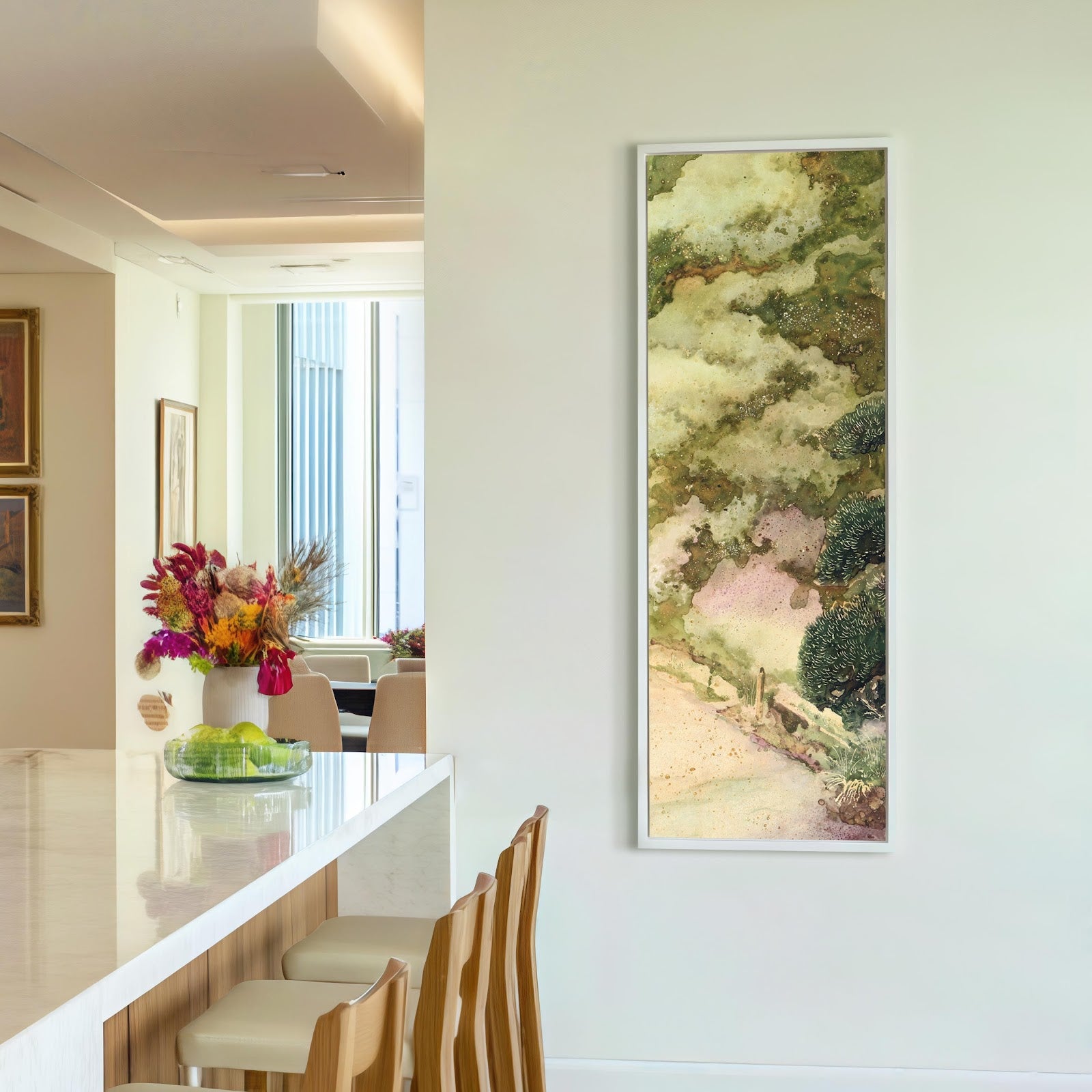 Vertical canvas wall art in interior setting.