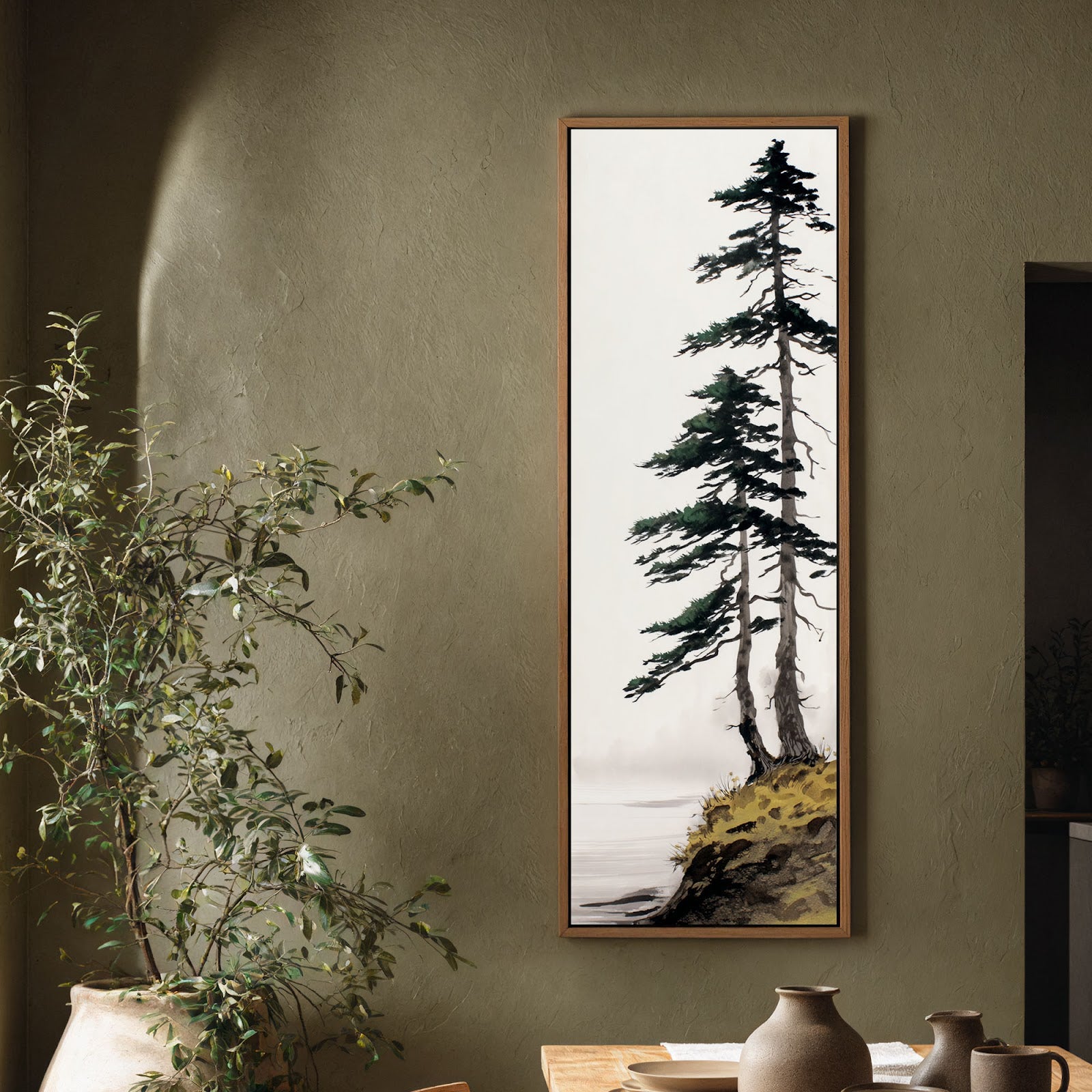 Vertical canvas wall art in interior setting.