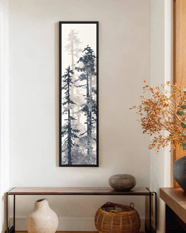 Vertical canvas wall art in interior setting.