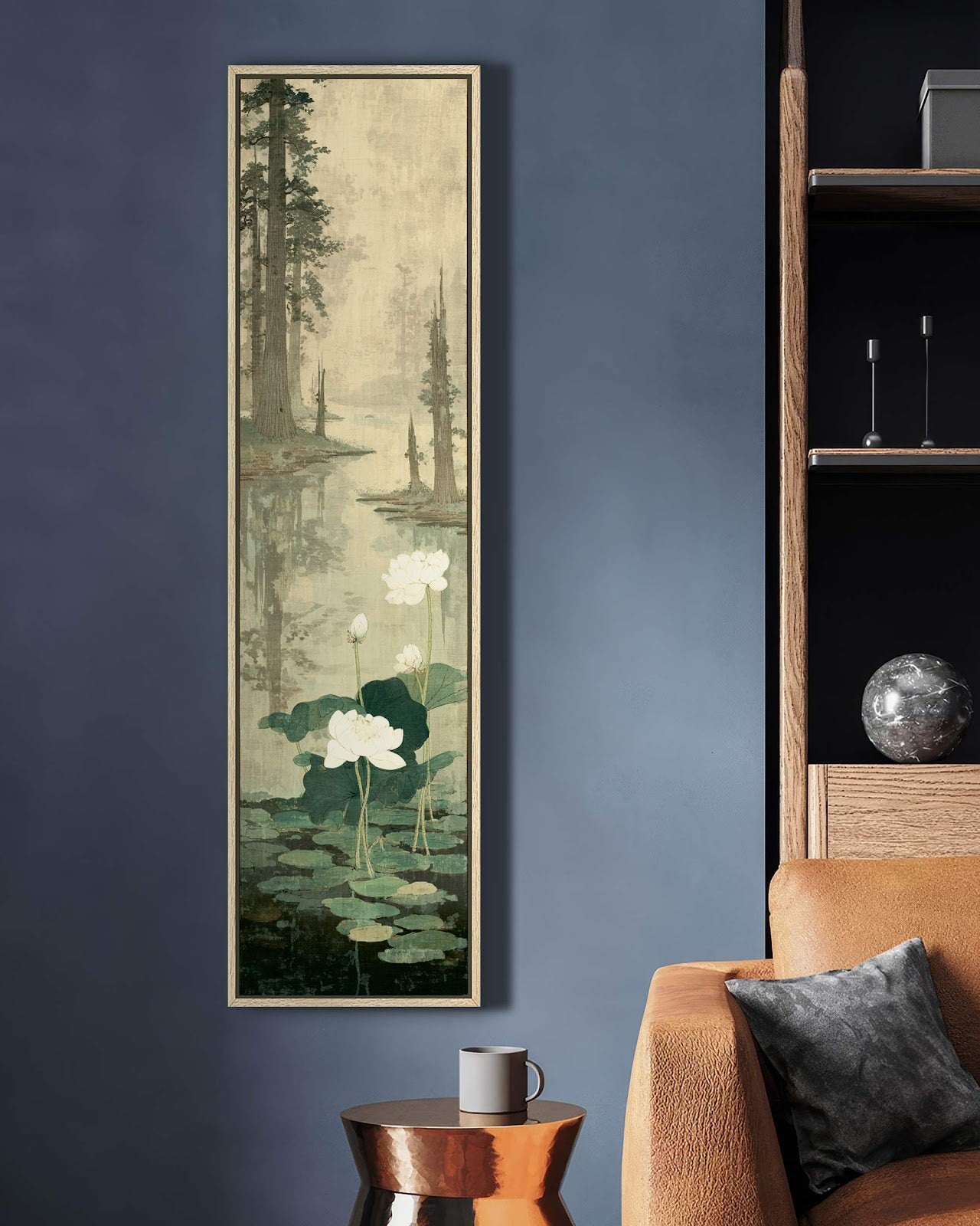 Vertical canvas wall art in interior setting.