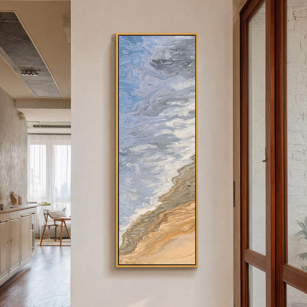 Vertical canvas wall art in interior setting.