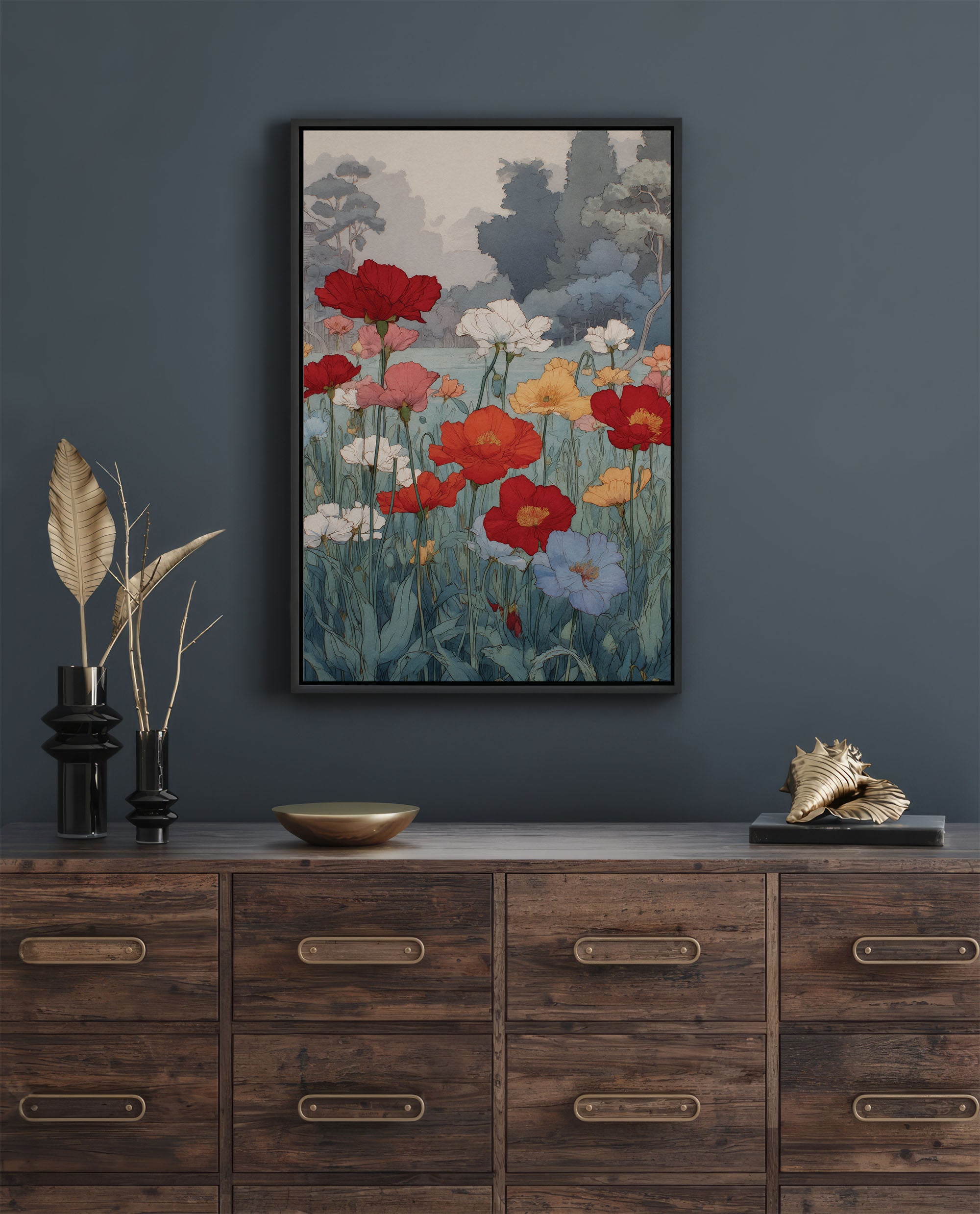 Vintage Poppy Garden Canvas - Japanese Botanical Art