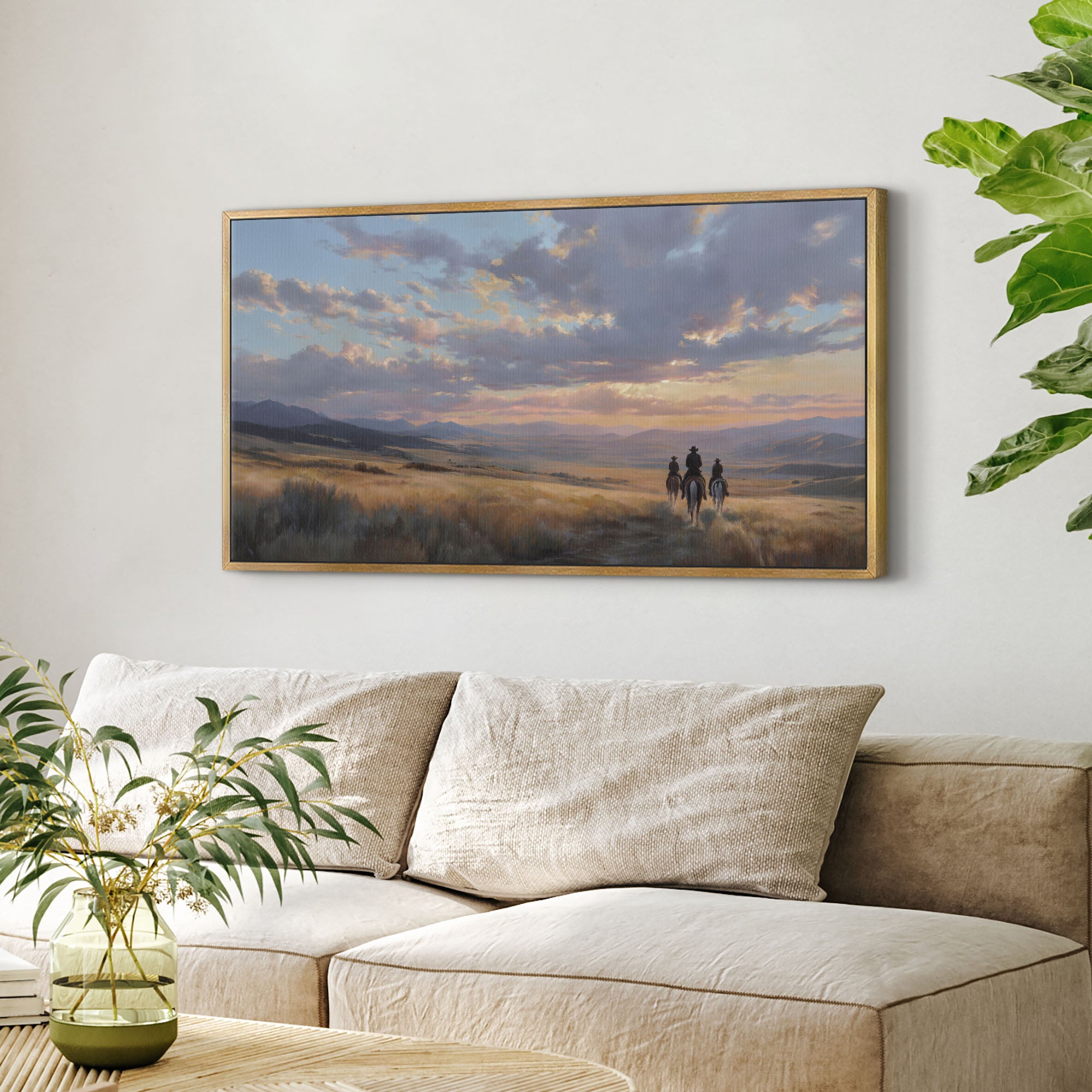 Cowboys in Western Sunset Landscape Wall Art