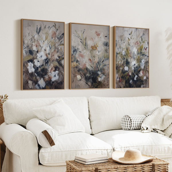 Triptych Floral Moody Framed Canvas Art