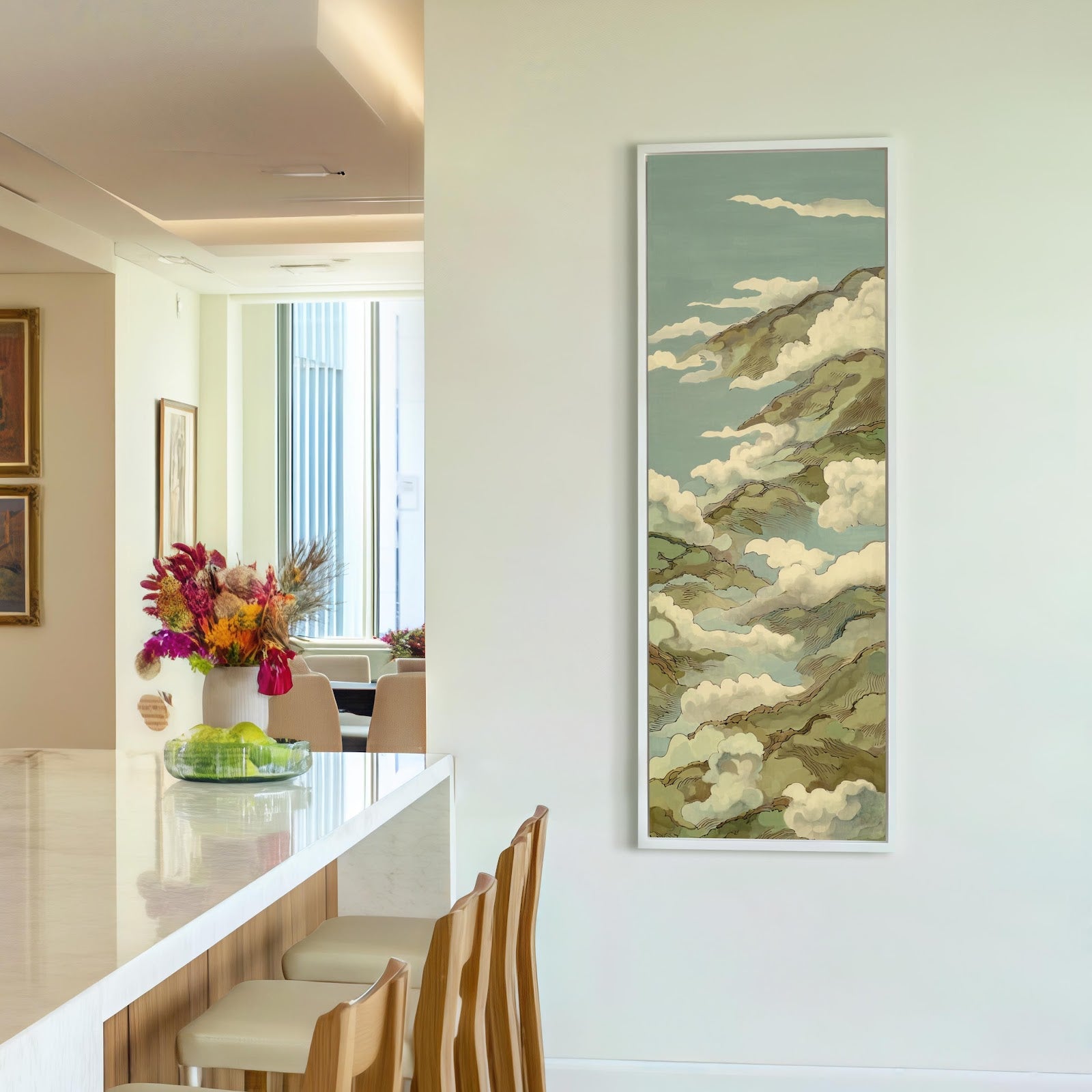 Vertical canvas wall art in interior setting.
