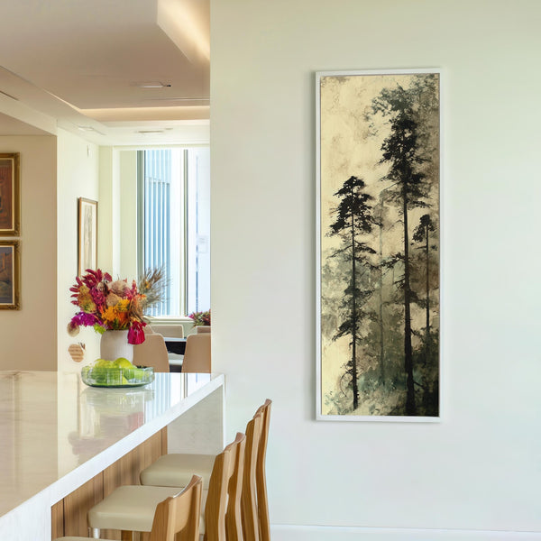 Vertical canvas wall art in interior setting.