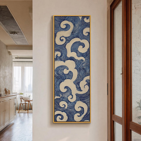 Vertical canvas wall art in interior setting.