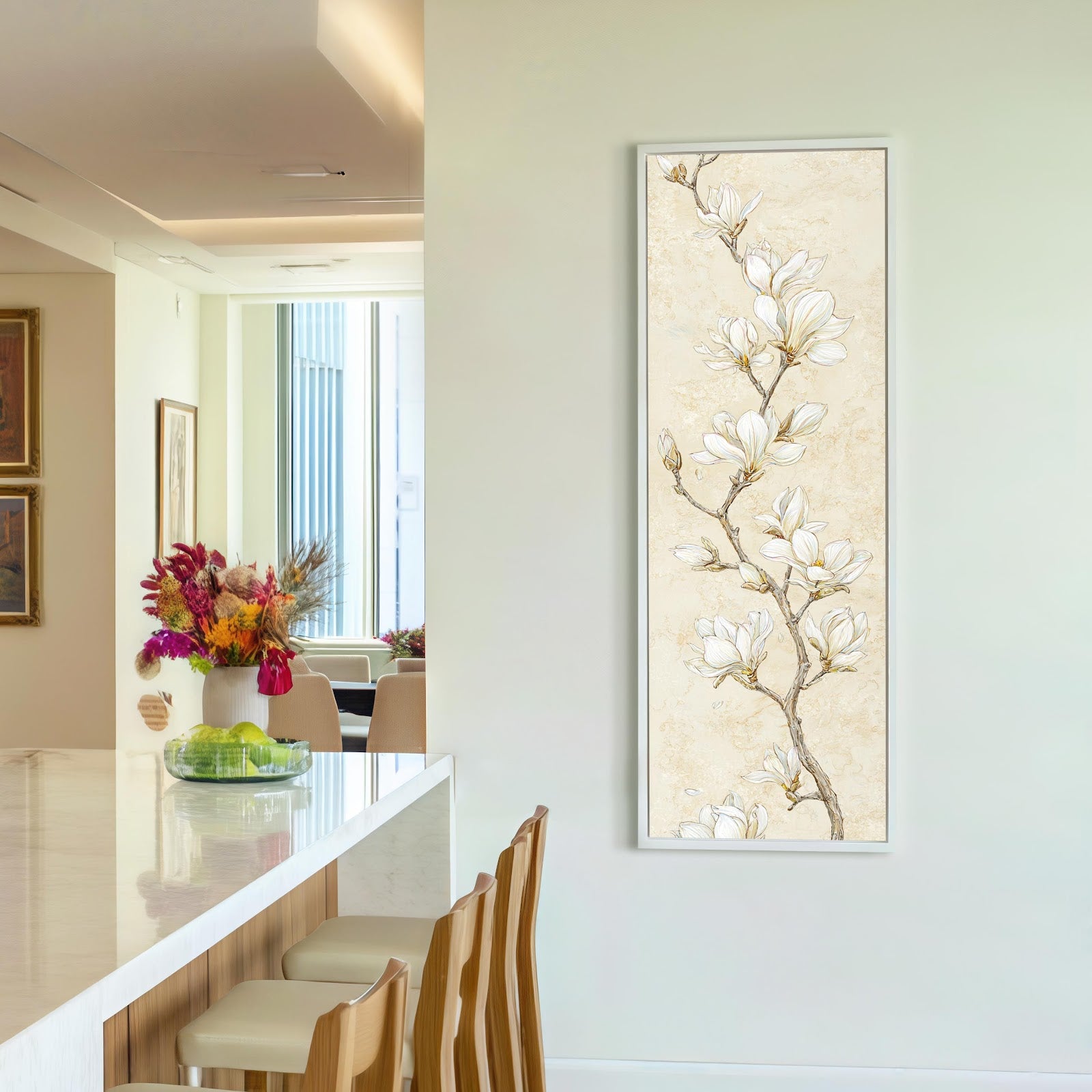 Vertical canvas wall art in interior setting.