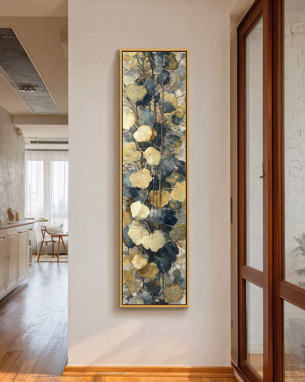 Vertical canvas wall art in interior setting.
