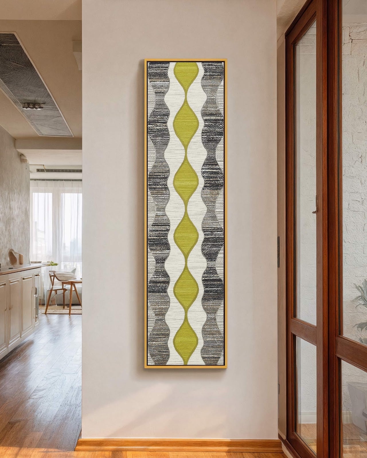 Vertical canvas wall art in interior setting.