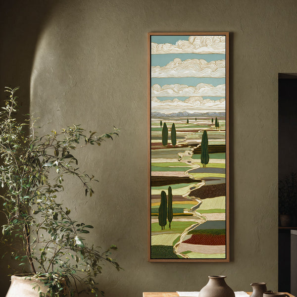 Vertical canvas wall art in interior setting.