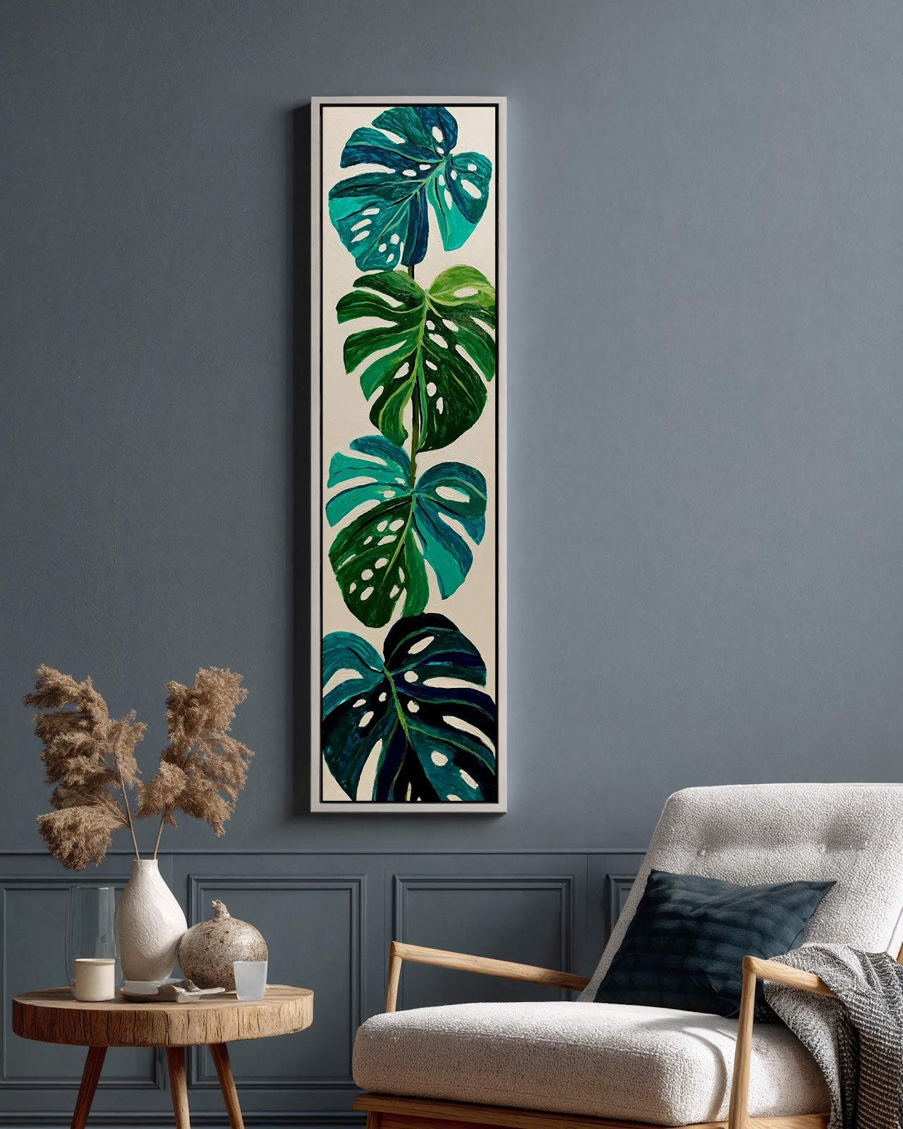 Vertical canvas wall art in interior setting.