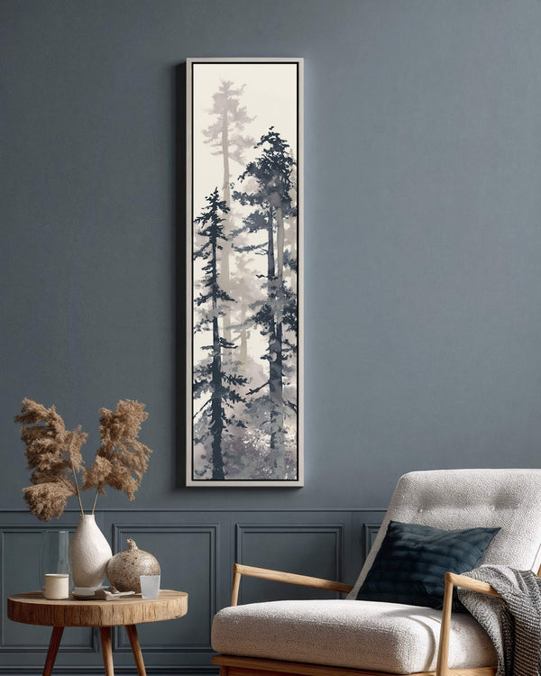 Vertical canvas wall art in interior setting.