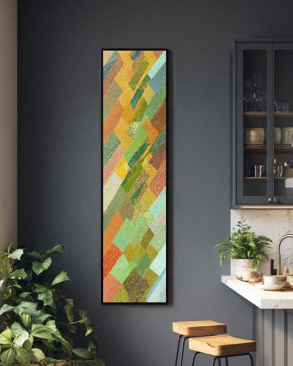 Vertical canvas wall art in interior setting.