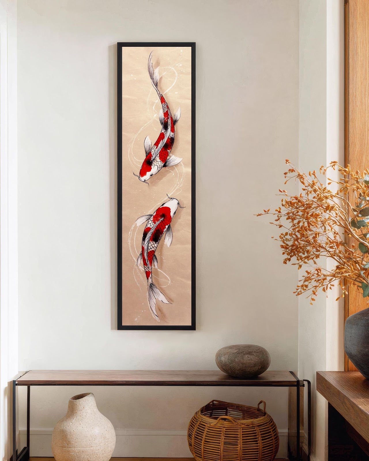 Vertical canvas wall art in interior setting.